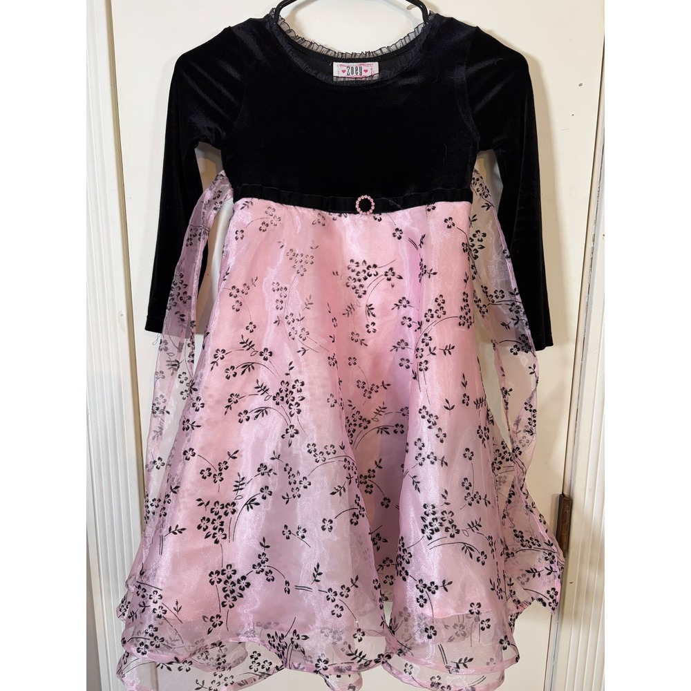 Zoey Girls Pink Black Velvet Floral Organza‎ Formal Holiday Party Dress